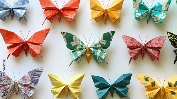 Obraz Colorful origami butterflies arranged on white background.