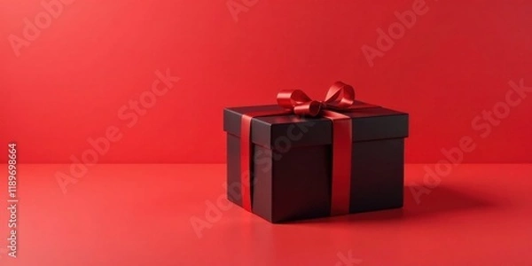 Fototapeta A luxuriously wrapped dark present sits on a vibrant red surface, ready for a special occasion