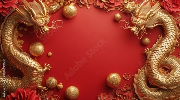 Obraz Auspicious chinese new year celebration with golden dragons red background festive decorations vibrant atmosphere