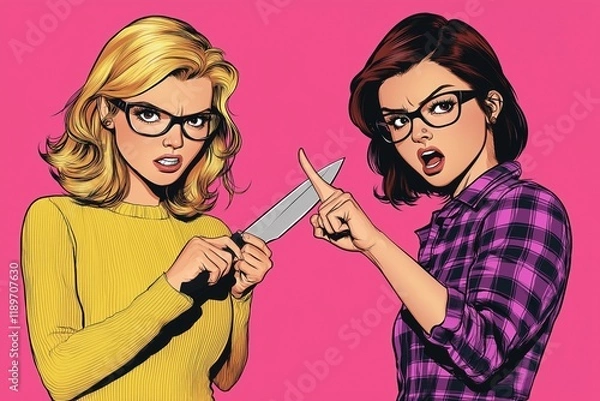Fototapeta Two women face. One woman holds knife. Points with finger. Look angry, ready for fight. Planning something dangerous. Looks like comic book illustration. Background bright pink. Style modern.