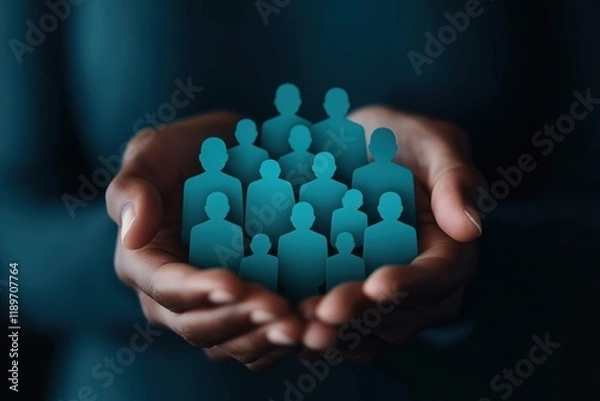 Fototapeta Hands gently hold teal human icons representing valuable team. Protecting employees shows care, retention within large organization. Importance of employee well-being, nurturing potential. Strategic