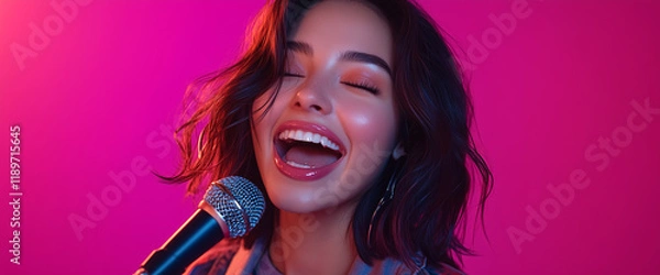 Fototapeta An attractive girl with a Latin appearance sings into a microphone.