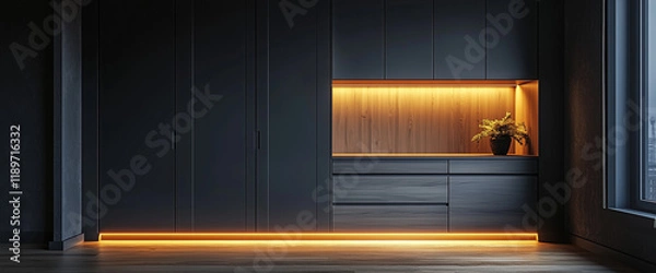 Fototapeta Dark gray wooden wardrobe with an open drawer and folded clothes