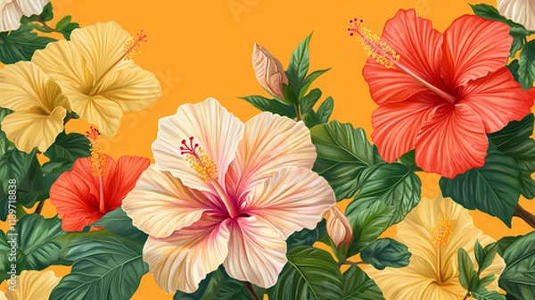 Fototapeta Colorful hibiscus flowers with green leaves on orange background. Seapearl. Illustration