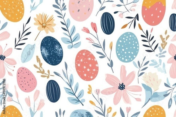 Fototapeta Cute hand drawn easter eggs horizontal seamless pattern, fun easter decoration,