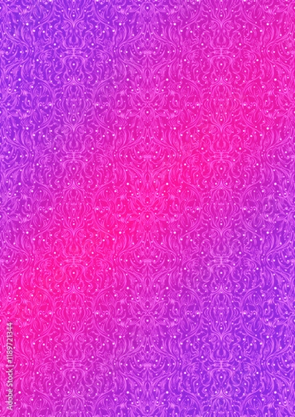 Fototapeta Hand-drawn abstract vertical ornament. Neon gradient (plastic pink to proton purple) background and glowing pattern on it. Cloth texture. Digital artwork, A4. (pattern: p11-2e)