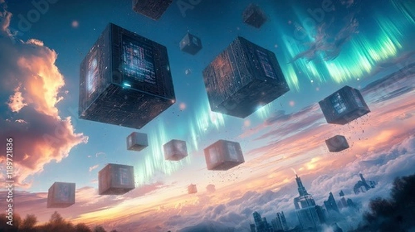 Fototapeta Floating digital cubes illuminate the skyline futuristic city digital art twilight aerial view technology concept