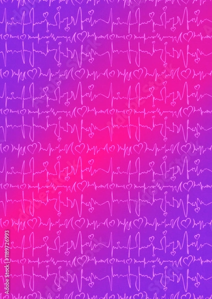 Fototapeta Hand-drawn abstract vertical ornament. Neon gradient (plastic pink to proton purple) background and glowing pattern on it. Cloth texture. Digital artwork, A4. (pattern: pv03e)