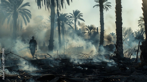 Fototapeta Silhouette of person walking through thick smoke and flames in a fiery landscape with palm trees. Scene of destruction, emergency, danger, and resilience, perfect for apocalyptic environmental themes