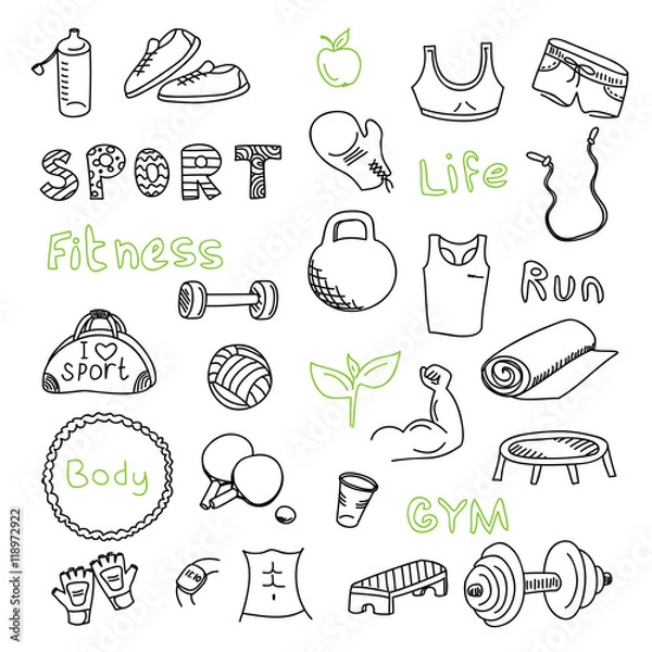 Fototapeta Set of sports doodles elements. Hand draw icons