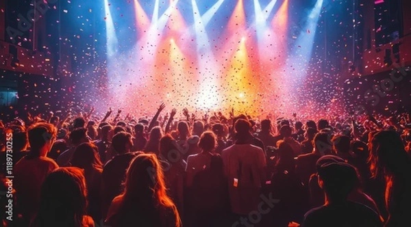 Obraz Vibrant Concert Scene with Colorful Lights and Confetti at Nightclub during DJ Festival Celebration