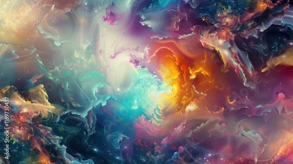 Fototapeta a whimsical abstract wonderland filled with vibrant hues and surreal shapes, a spacious white void in the center of the page for text