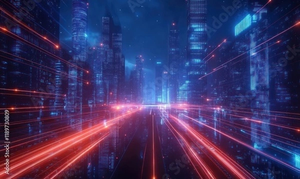 Fototapeta Futuristic Cityscape with Neon Skyscrapers Dynamic Light Trails in Cyberpunk Style