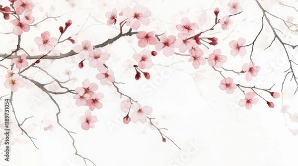 Fototapeta Beautiful spring illustration of cherry blossoms. Delicate pink flowers bloom on branches with grey delicate branches, leaves. Japanese style Sakura flowers. Vibrant colours. Tranquil scene. Perfect