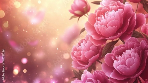 Fototapeta Lush pink peonies in soft light with dreamy bokeh background