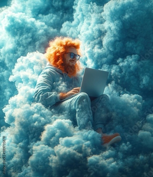 Fototapeta Cheerful Young Man on Cloud with Laptop in Cartoon Style for Mobile App and Cloud Services