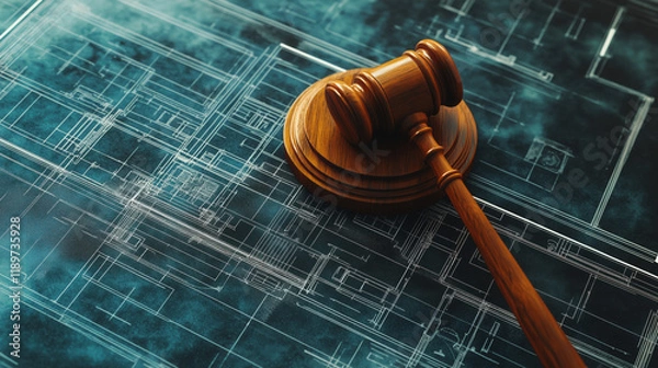 Fototapeta Gavel Symbol Positioned on a Courthouse Floor Plan Blueprint Signifying Justice and Meticulous Legal Building Design