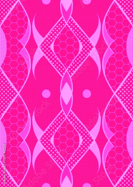 Fototapeta Hand-drawn abstract seamless ornament. Neon pink (plastic pink) background and glowing pattern on it. Cloth texture. Digital artwork, A4. (pattern: p12d)
