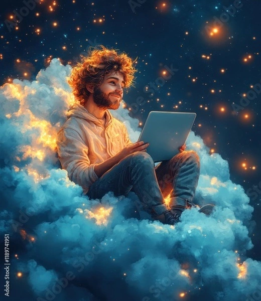 Fototapeta Cheerful Young Programmer on Fluffy Cloud with Laptop in Cartoon Style for Cloud Services and Mobile App Concept