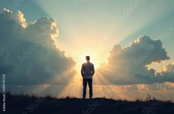Fototapeta Silhouette of alone person looking at heaven. Lonely man standing in fantasy landscape with shining cloudy sky