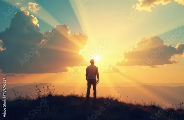 Fototapeta Silhouette of alone person looking at heaven. Lonely man standing in fantasy landscape with shining cloudy sky
