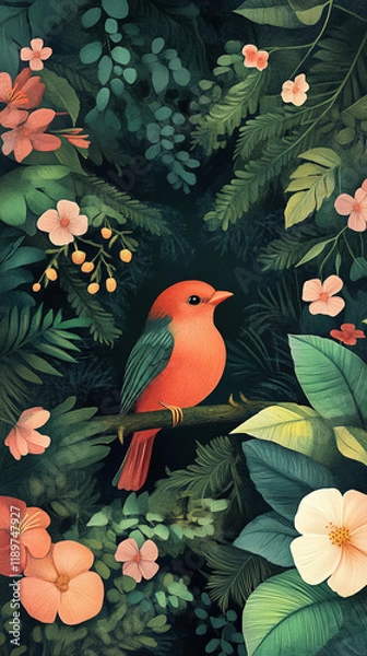 Fototapeta The image depicts a vibrant, red bird perched on a branch amidst lush green foliage and various colorful flowers, creating a serene and naturalistic scene