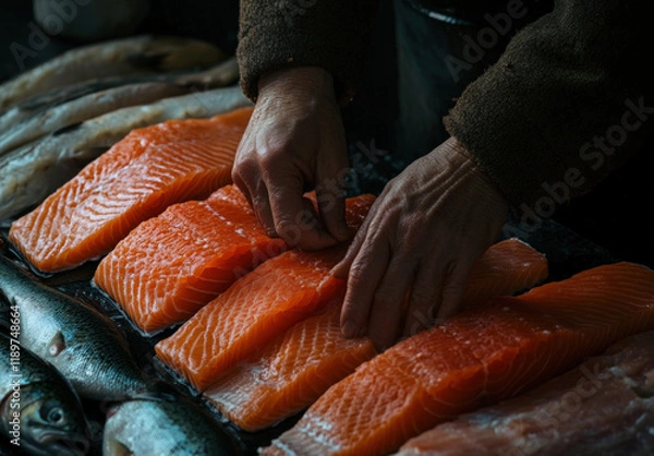 Fototapeta A person is holding and preparing to cut up a fresh salmon fillet, surrounded by other types of fish on a dark background.