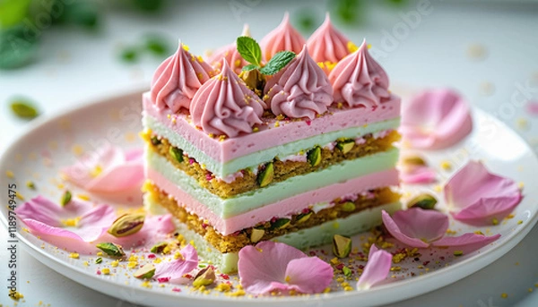 Fototapeta A vibrant pastel mille-feuille with alternating layers of pistachio and rose cream, resting on a sof