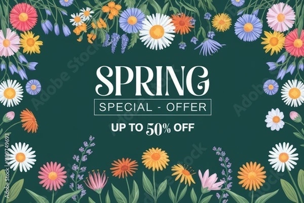 Obraz Floral spring sale banner with colorful flowers on dark background