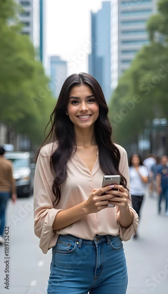 Obraz Smiling young woman holding a smartphone in an urban environment..
