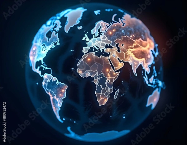 Obraz Glowing digital globe with illuminated connections across continents..