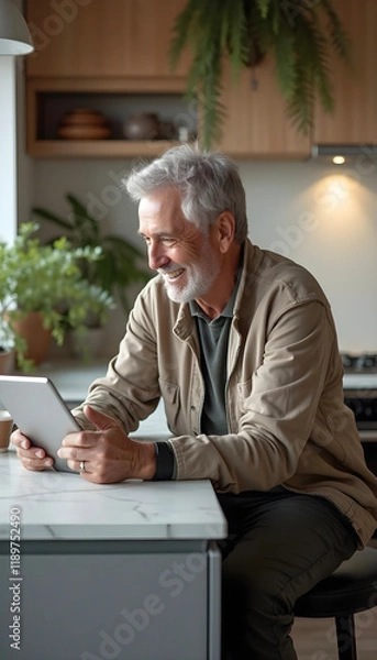 Obraz Smiling senior man using a tablet in a cozy kitchen setting..