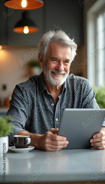 Obraz Happy senior man using a tablet in a cozy kitchen..