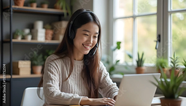 Obraz Smiling young woman working on a laptop with a headset in a cozy home office..