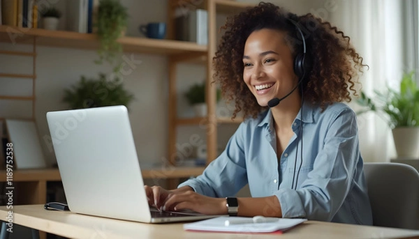 Obraz Smiling woman working on a laptop with a headset in a home office..