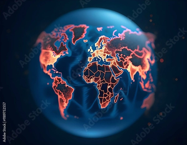 Obraz Futuristic digital globe with glowing continent borders..