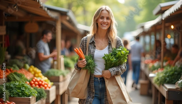 Obraz Smiling woman shopping for fresh produce at a farmer's market..