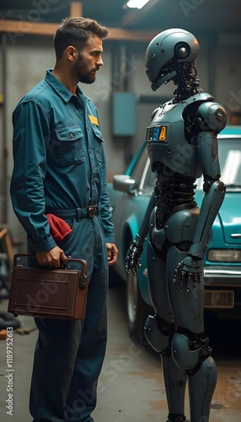 Obraz Technician examining a humanoid robot in an industrial garage..