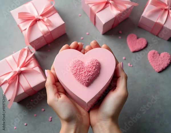 Obraz Hands Holding Pink Heart-Shaped Gift Box with Decorative Hearts and Ribboned Presents..