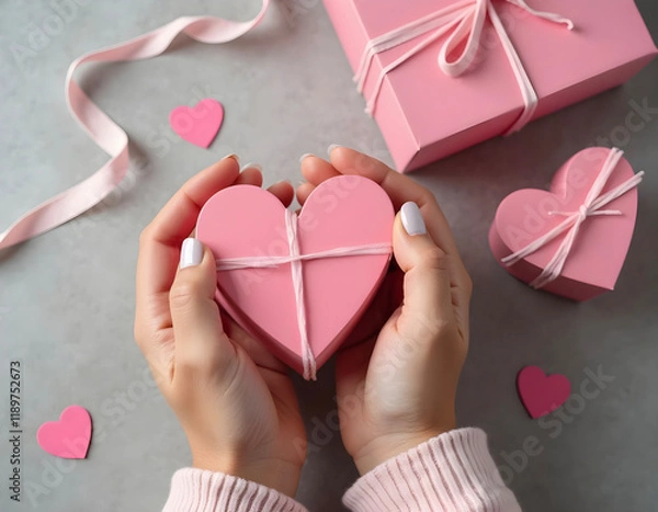 Obraz Hands Holding a Pink Heart-Shaped Gift Box with Ribbon Decoration..