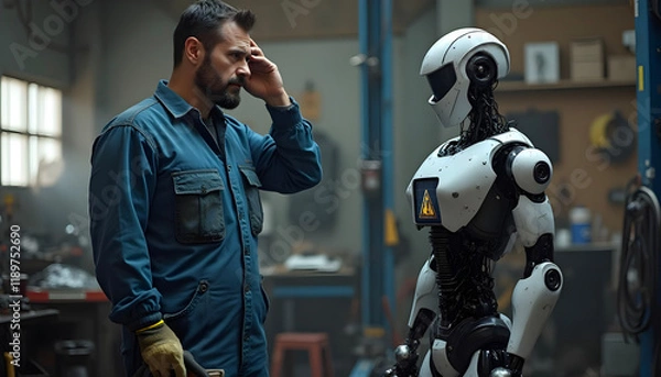 Obraz Engineer Examining Malfunctioning Humanoid Robot in WorkshopEngineer Examining Malfunctioning Humanoid Robot in W