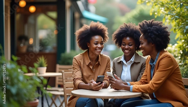 Obraz Group of Friends Smiling and Sharing Moments at an Outdoor Cafe..