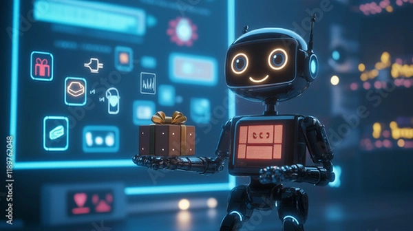 Fototapeta ギフトを届ける未来のロボットAIのイメージイラスト