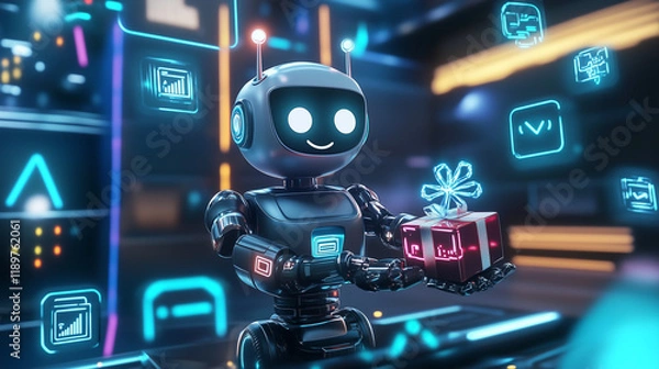 Fototapeta ギフトを届ける未来のロボットAIのイメージイラスト