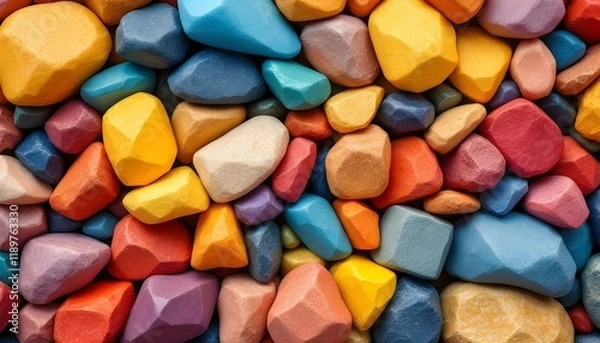 Fototapeta Vibrant multicolored geometric stones stacked together, forming a seamless gradient from cool blues to warm yellows, oranges, and reds.