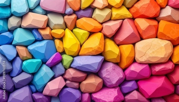 Fototapeta Vibrant multicolored geometric stones stacked together, forming a seamless gradient from cool blues to warm yellows, oranges, and reds.