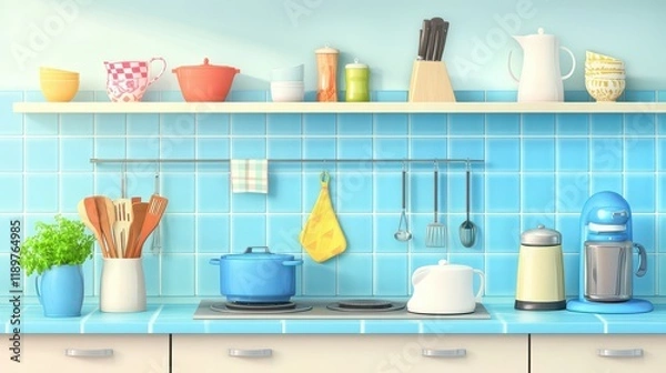 Fototapeta A blue tile home kitchen interior features a stylish counter and an array of kitchenware, with ample empty copy space for customization.