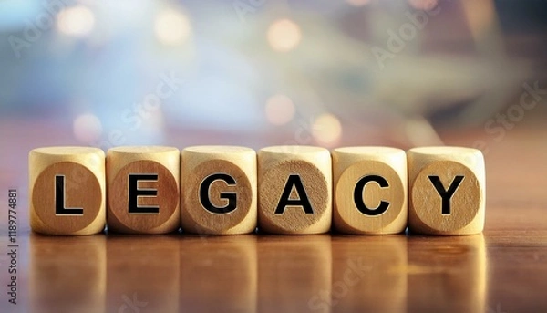 Fototapeta 英単語のlegacyの文字が書かれたキューブブロックが横に並んでいる。aiで生成