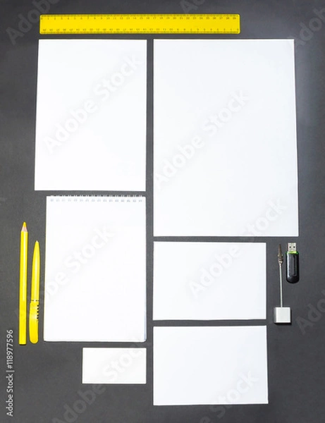 Obraz Mock-up business template with cards, papers, pen. Gray background.