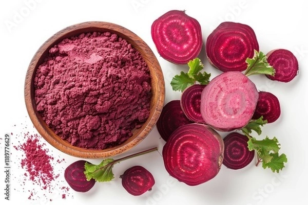 Fototapeta Beetroot Beet Root Powder with Fresh Fruit Isolated on White Background, Top View, Flat Lay